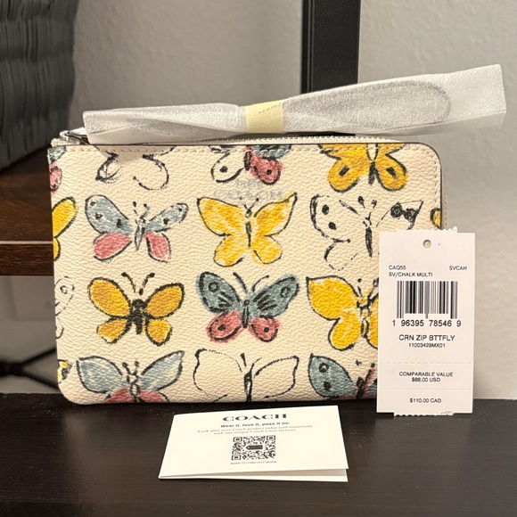 Coach Handbags - COACH NWT Leather Corner Zip Butterfly Chalk Multicolored Wristlet